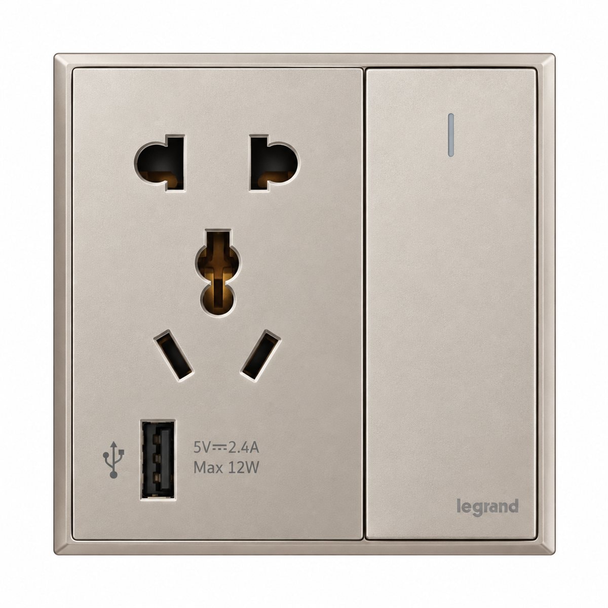 Ổ cắm đa năng có công tắc và ổ sạc USB Type A Obria Legrand trên nền trắng, ảnh sản phẩm chính diện
