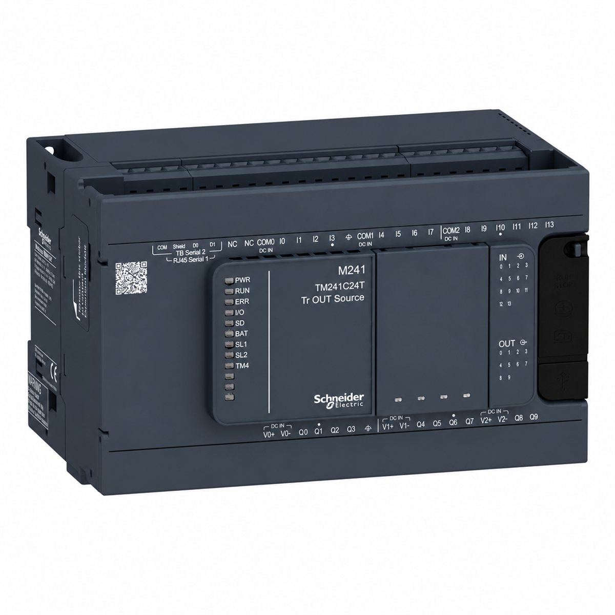 Bộ điều khiển PLC Modicon M241 Schneider trên nền trắng, ảnh sản phẩm chính diện