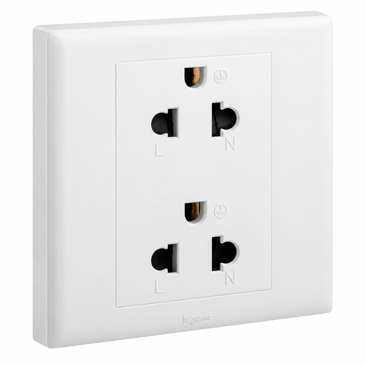 Ổ cắm đôi 3 chấu Eloé Legrand trên nền trắng, ảnh sản phẩm chính diện