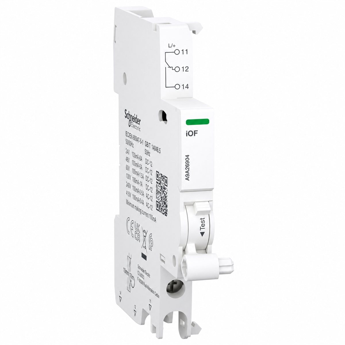 Tiếp điểm phụ & báo lỗi cho Acti9 iC60 Schneider trên nền trắng, ảnh sản phẩm chính diện