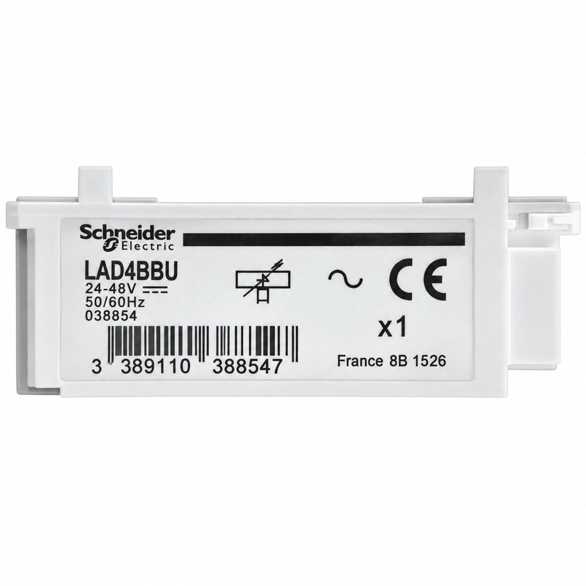 Mạch RC chống nhiễu TeSys LC1D Schneider trên nền trắng, ảnh sản phẩm chính diện