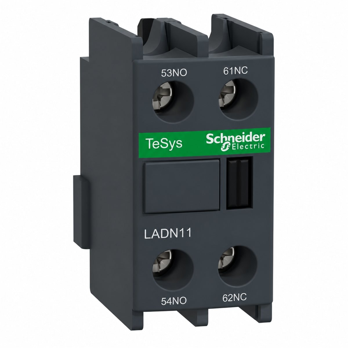 Khối tiếp điểm phụ gắn trước TeSys LADN Schneider trên nền trắng, ảnh sản phẩm chính diện