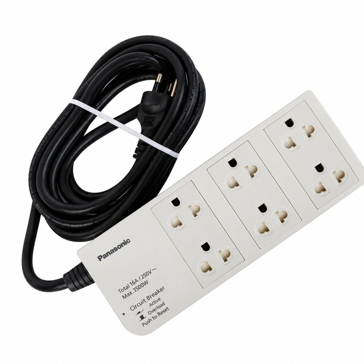 Ổ cắm có dây 6 ổ cắm, 3m Panasonic trên nền trắng, ảnh sản phẩm chính diện