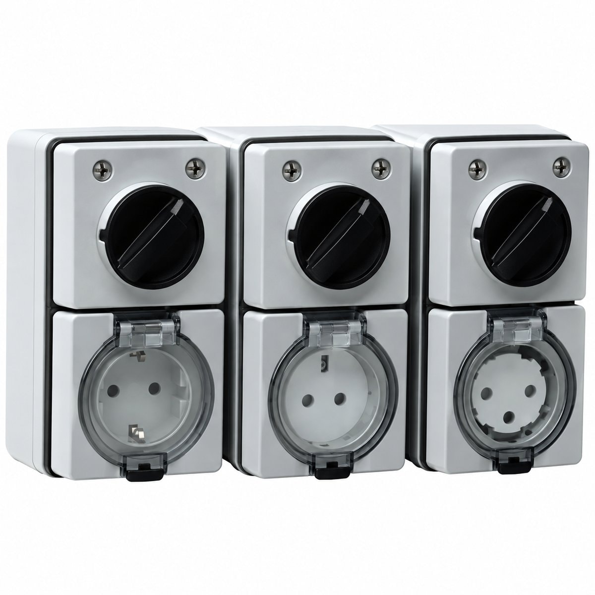 Công tắc & ổ cắm phòng thấm nước dòng S56 Schneider trên nền trắng, ảnh sản phẩm chính diện