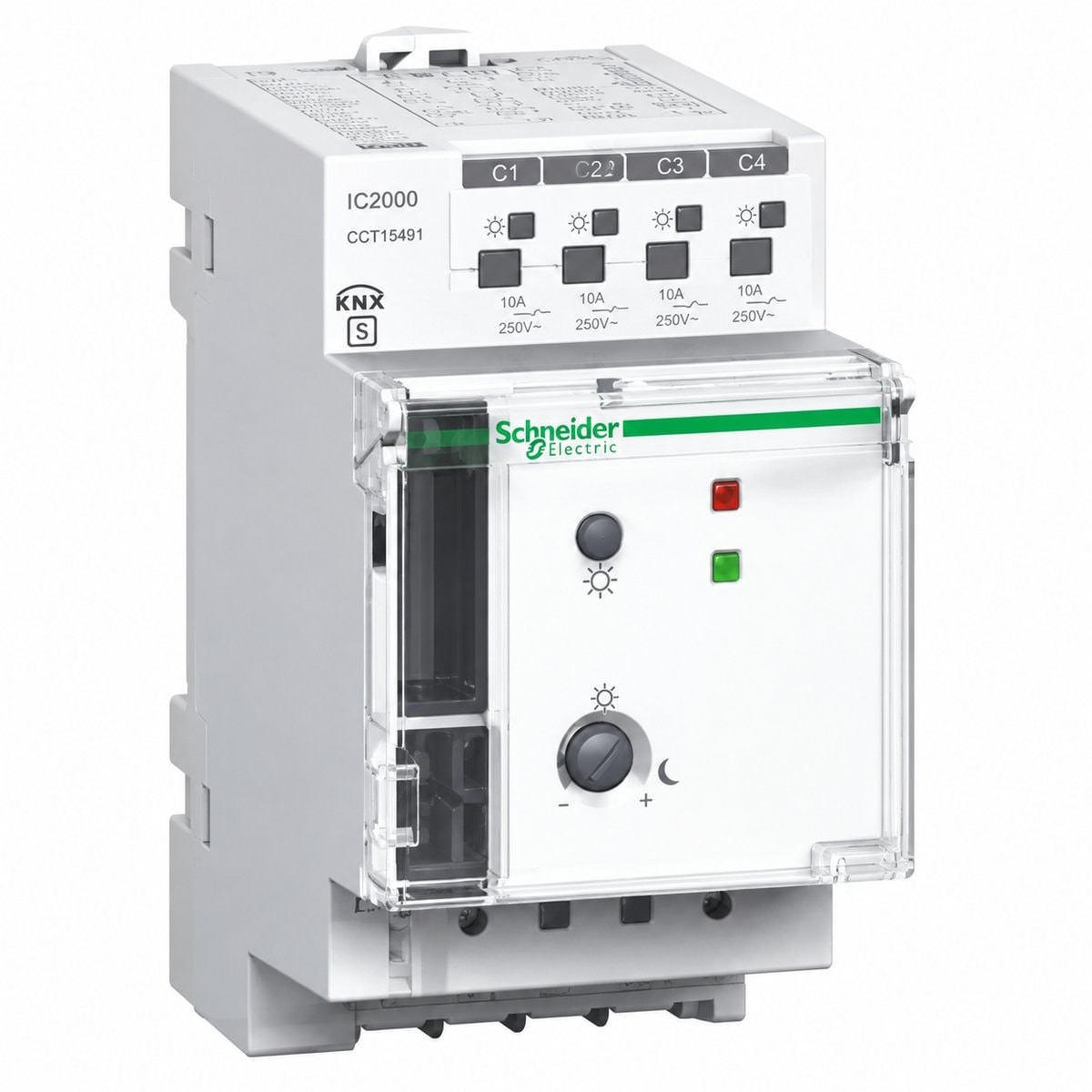 Thiết bị mạng, bộ hẹn giờ, cảm biến độ sáng Schneider trên nền trắng, ảnh sản phẩm chính diện