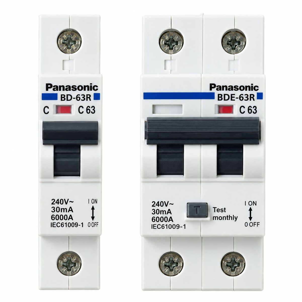 RCBO có chỉ báo trạng thái Panasonic trên nền trắng, ảnh sản phẩm chính diện