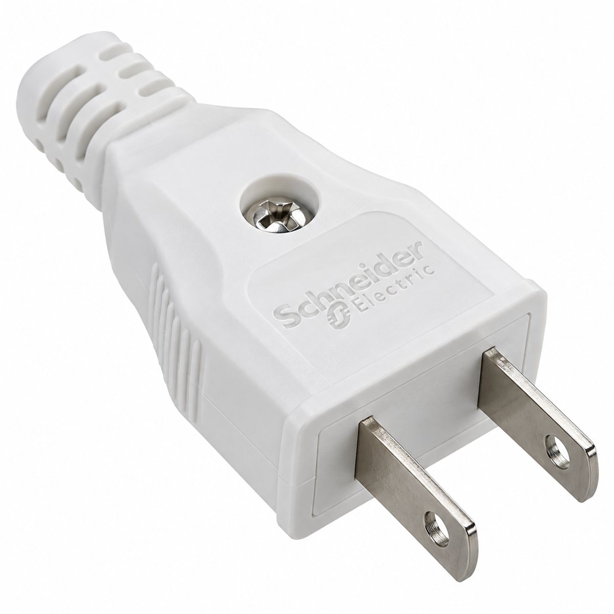 Phích cắm 2 chân dẹt Schneider trên nền trắng, ảnh sản phẩm chính diện