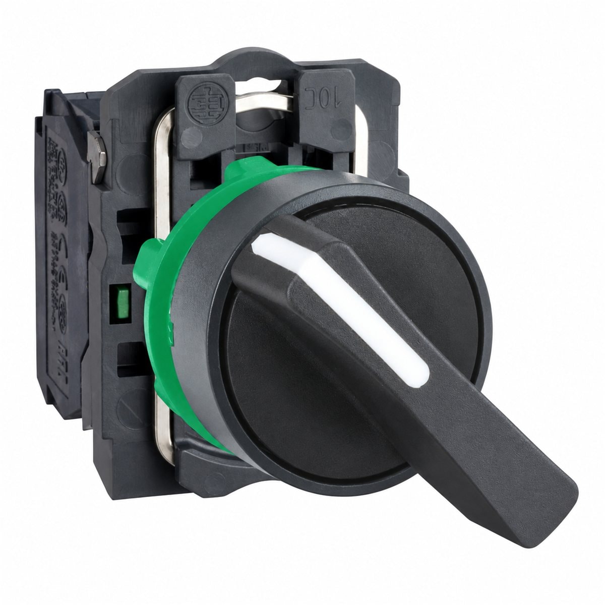 Công tắc xoay tay nắm dài, trọn bộ Harmony XB5 Ø22 Schneider trên nền trắng, ảnh sản phẩm chính diện