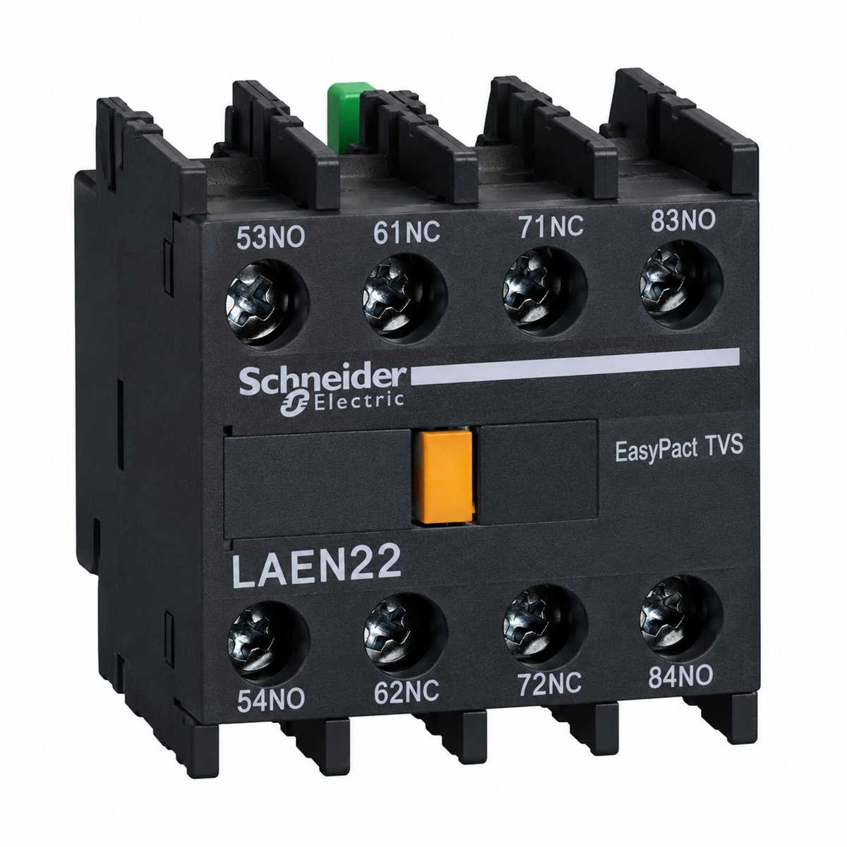 Khối tiếp điểm phụ LAEN EasyPact TVS Schneider trên nền trắng, ảnh sản phẩm chính diện