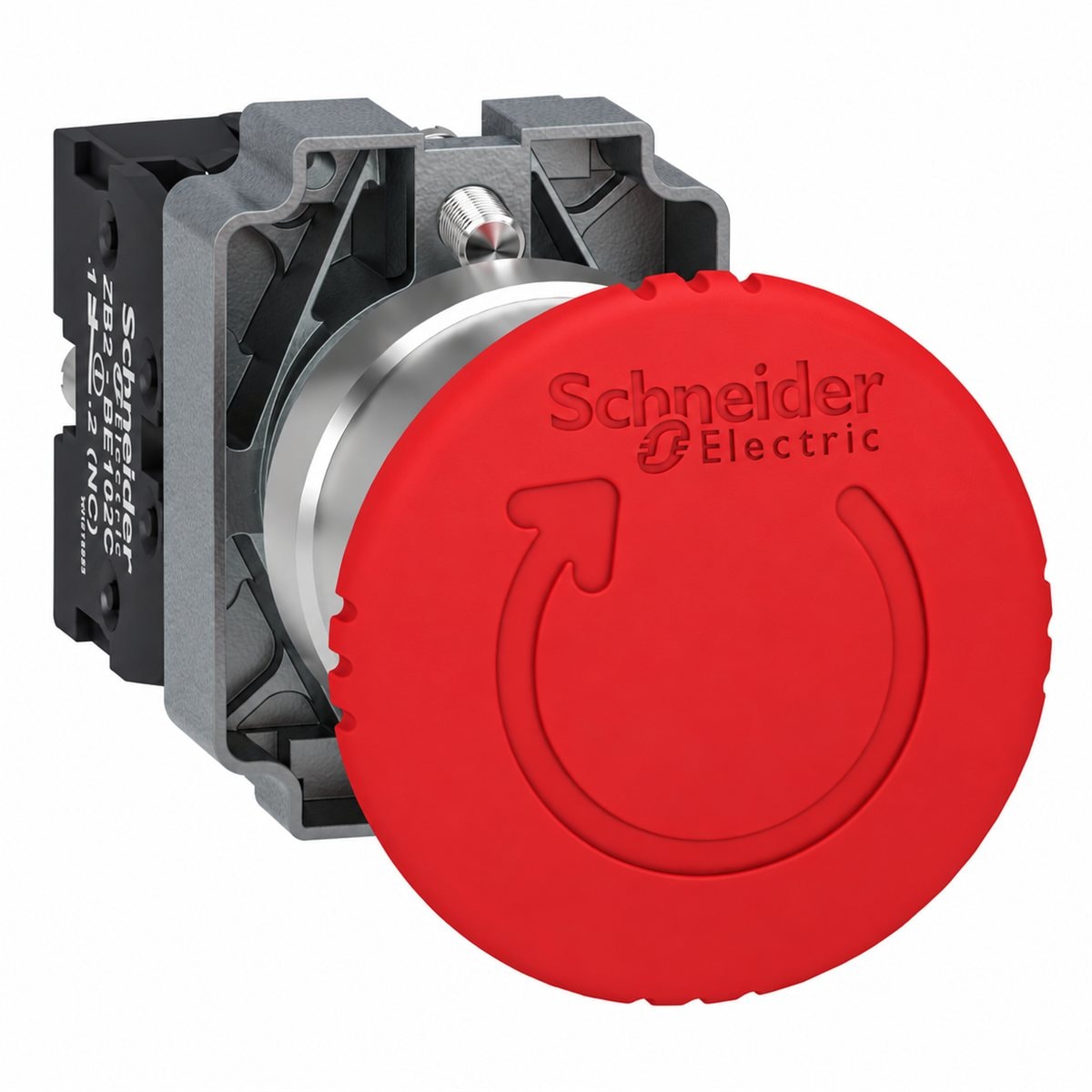 Nút dừng khẩn xoay nhả trọn bộ Easy Harmony XB2 Schneider trên nền trắng, ảnh sản phẩm chính diện