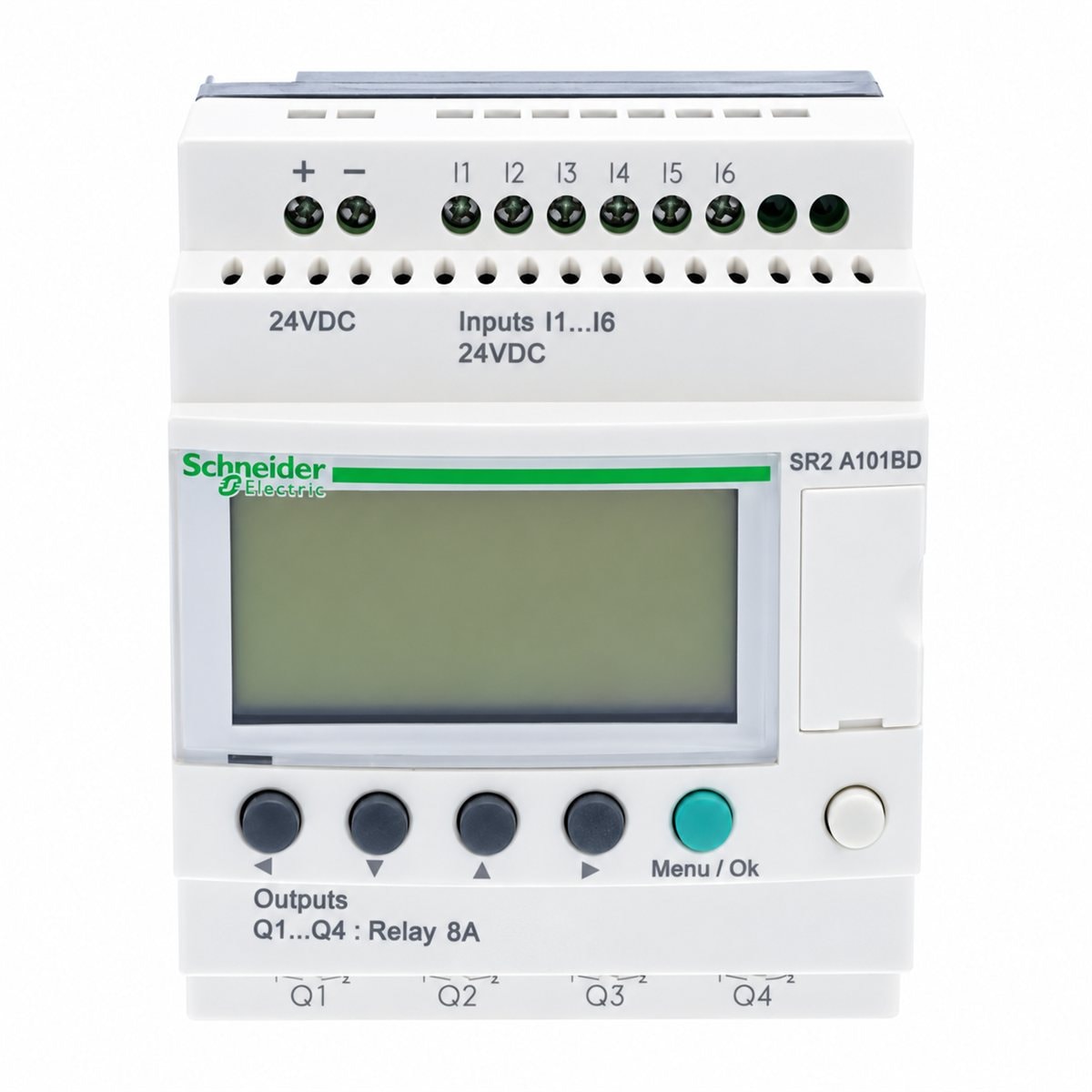 Rơ le thông minh Zelio Logic Compact, có màn hình Schneider trên nền trắng, ảnh sản phẩm chính diện