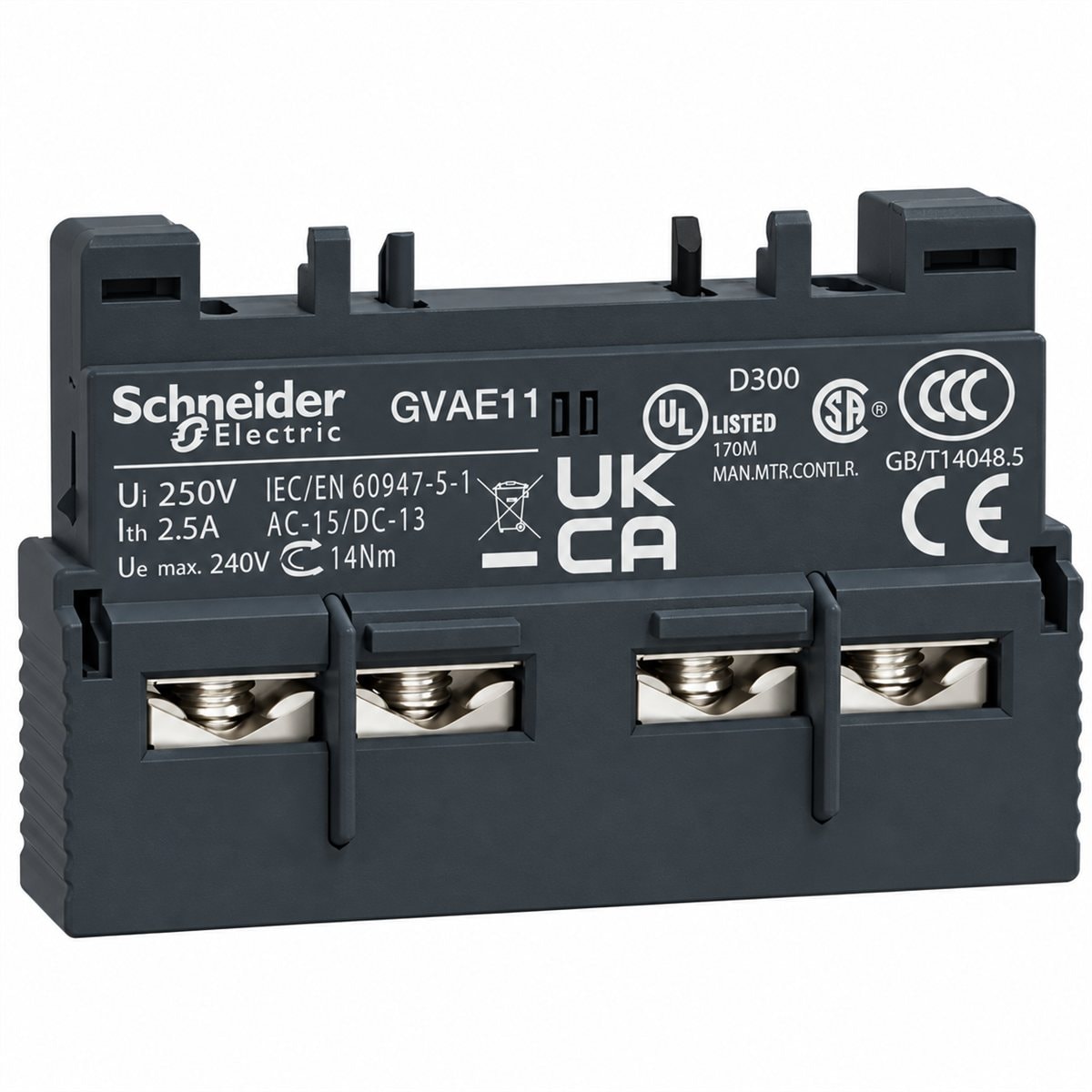 Tiếp điểm phụ tức thời lắp mặt trước TeSys GV2 Schneider trên nền trắng, ảnh sản phẩm chính diện