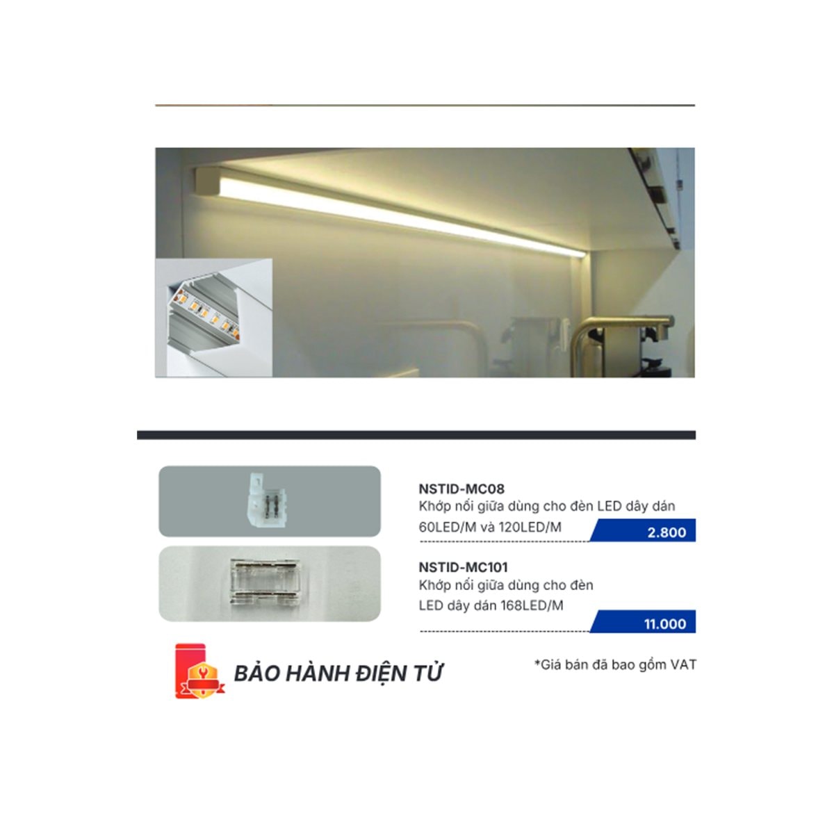 Đèn Khớp nối giữa LED dây Panasonic trên nền trắng, ảnh sản phẩm chính diện
