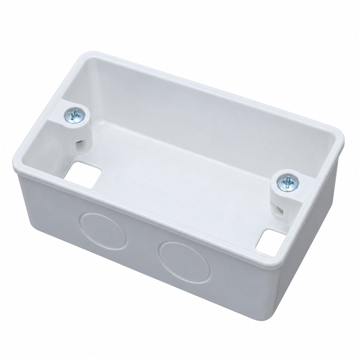 Hộp âm nhựa trắng, đơn, bắt vít Panasonic trên nền trắng, ảnh sản phẩm chính diện