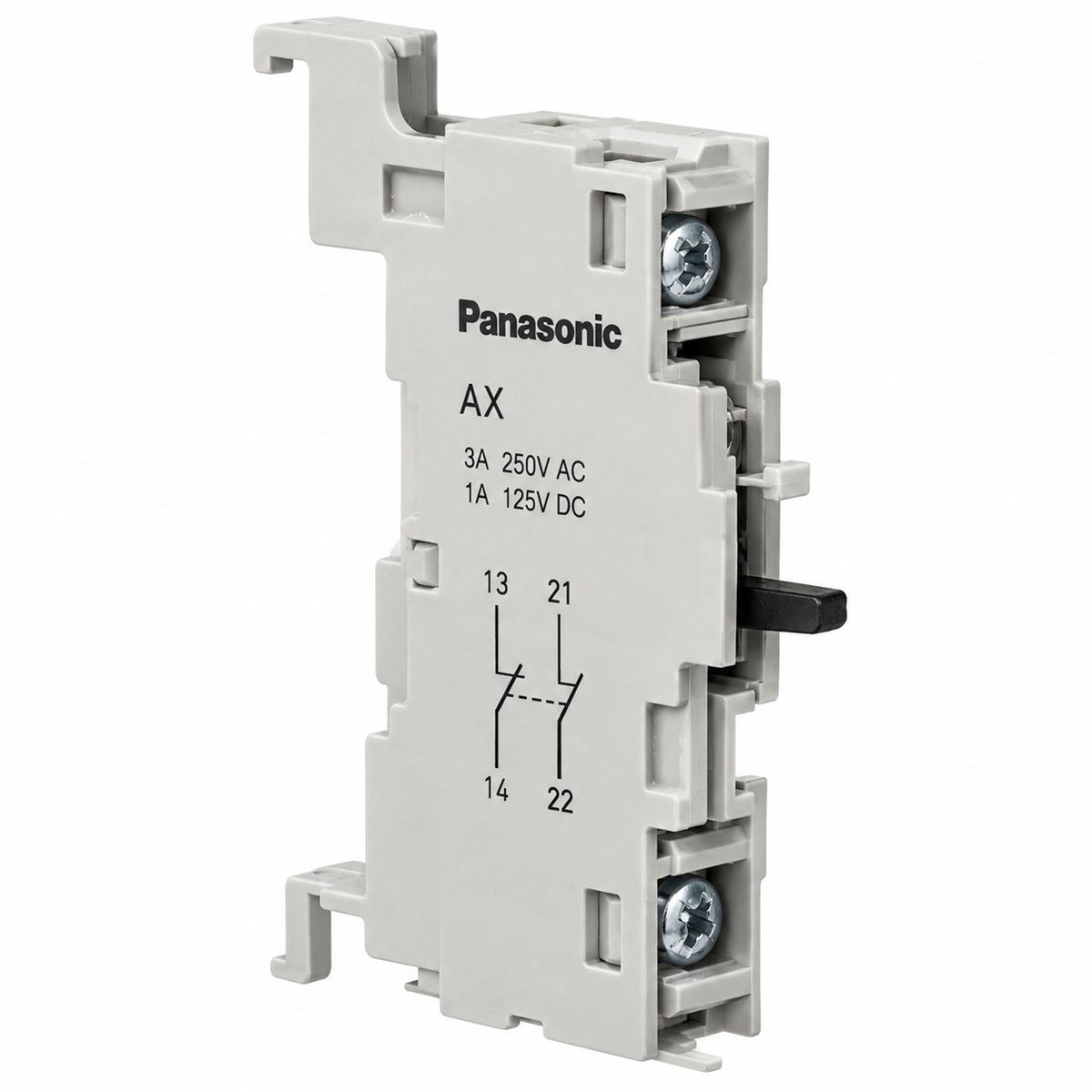 Tiếp điểm phụ báo trạng thái, bên trái MCCB SF Panasonic trên nền trắng, ảnh sản phẩm chính diện