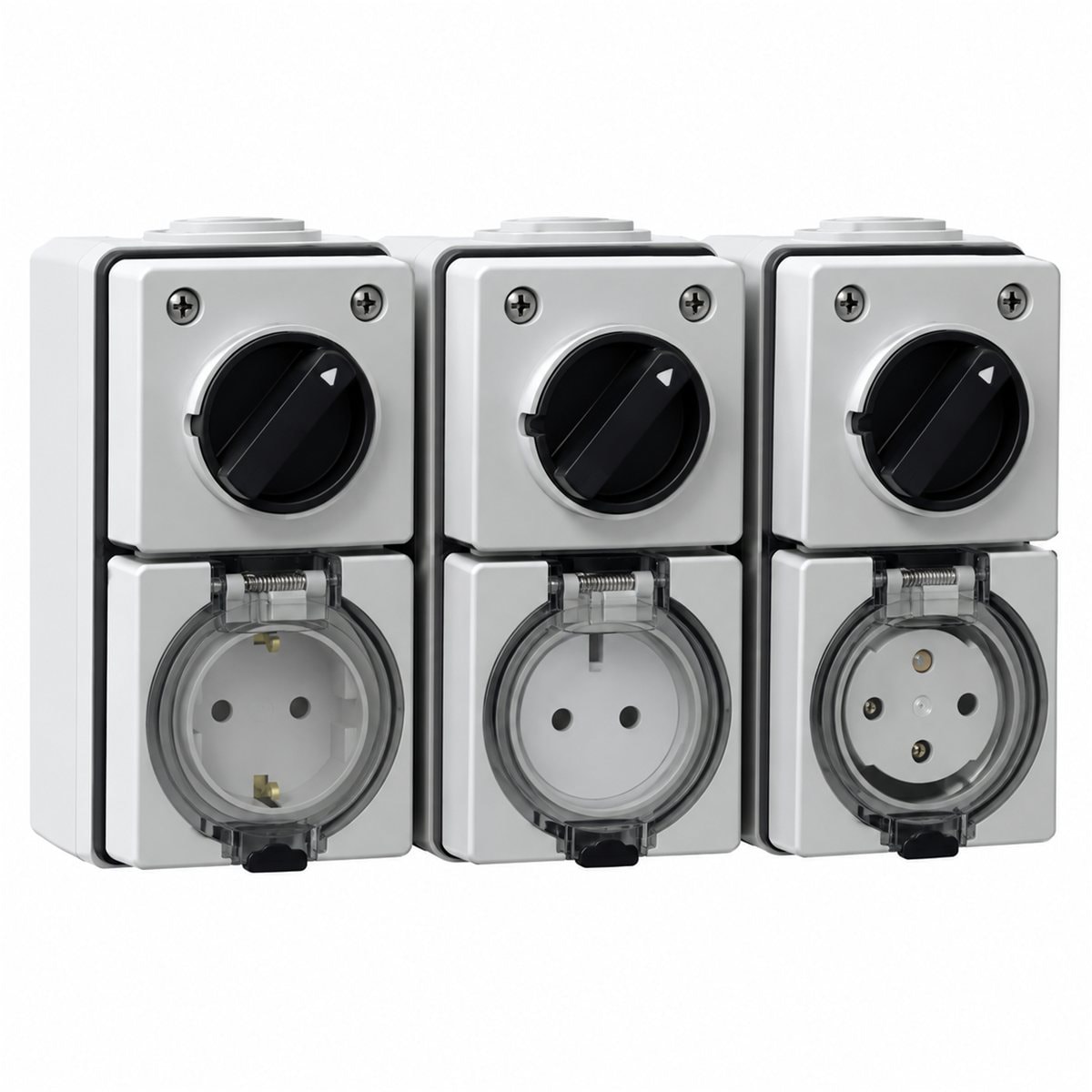 Ổ cắm nổi có hộp chống nước S56 Schneider trên nền trắng, ảnh sản phẩm chính diện
