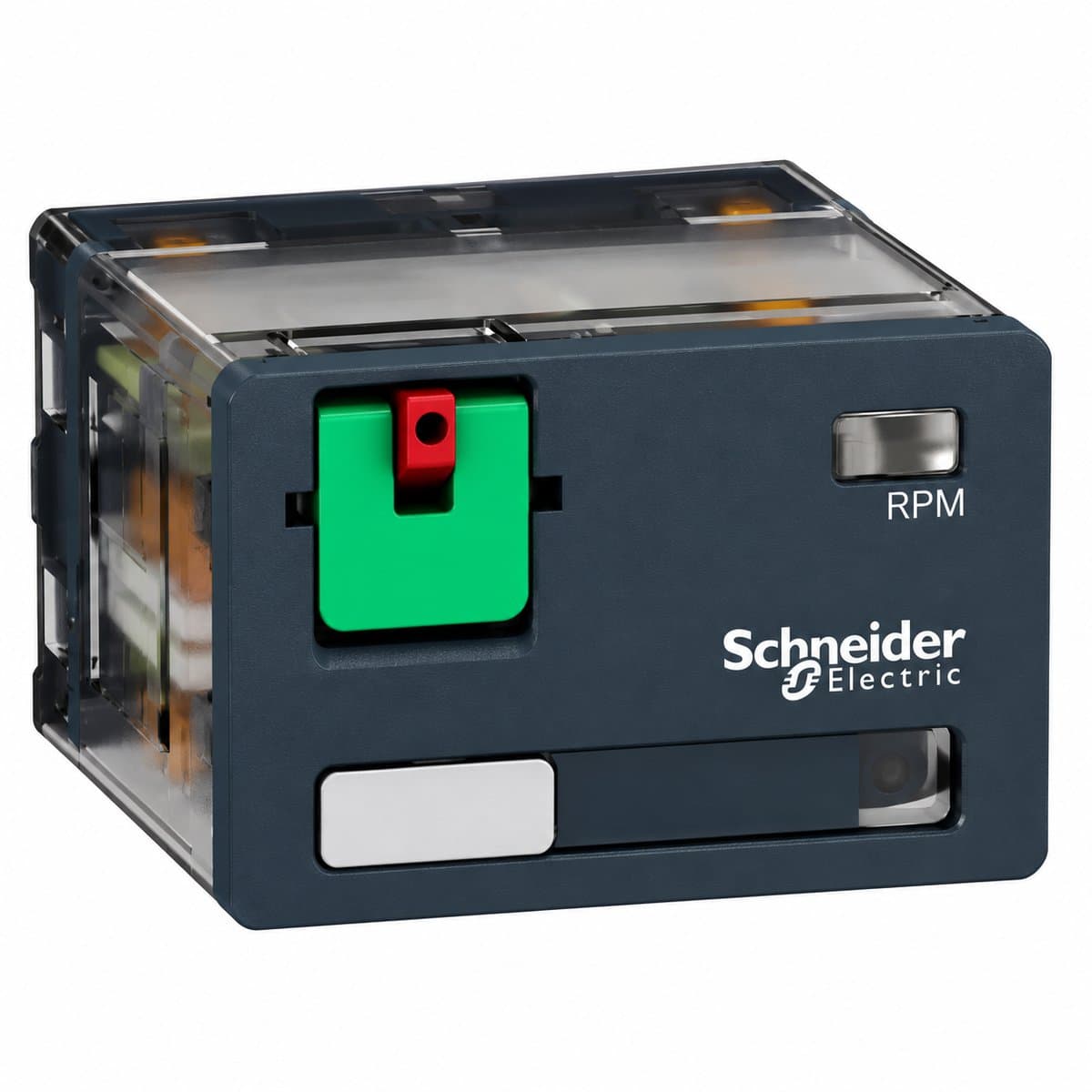 Rơ le công suất RPM Schneider trên nền trắng, ảnh sản phẩm chính diện